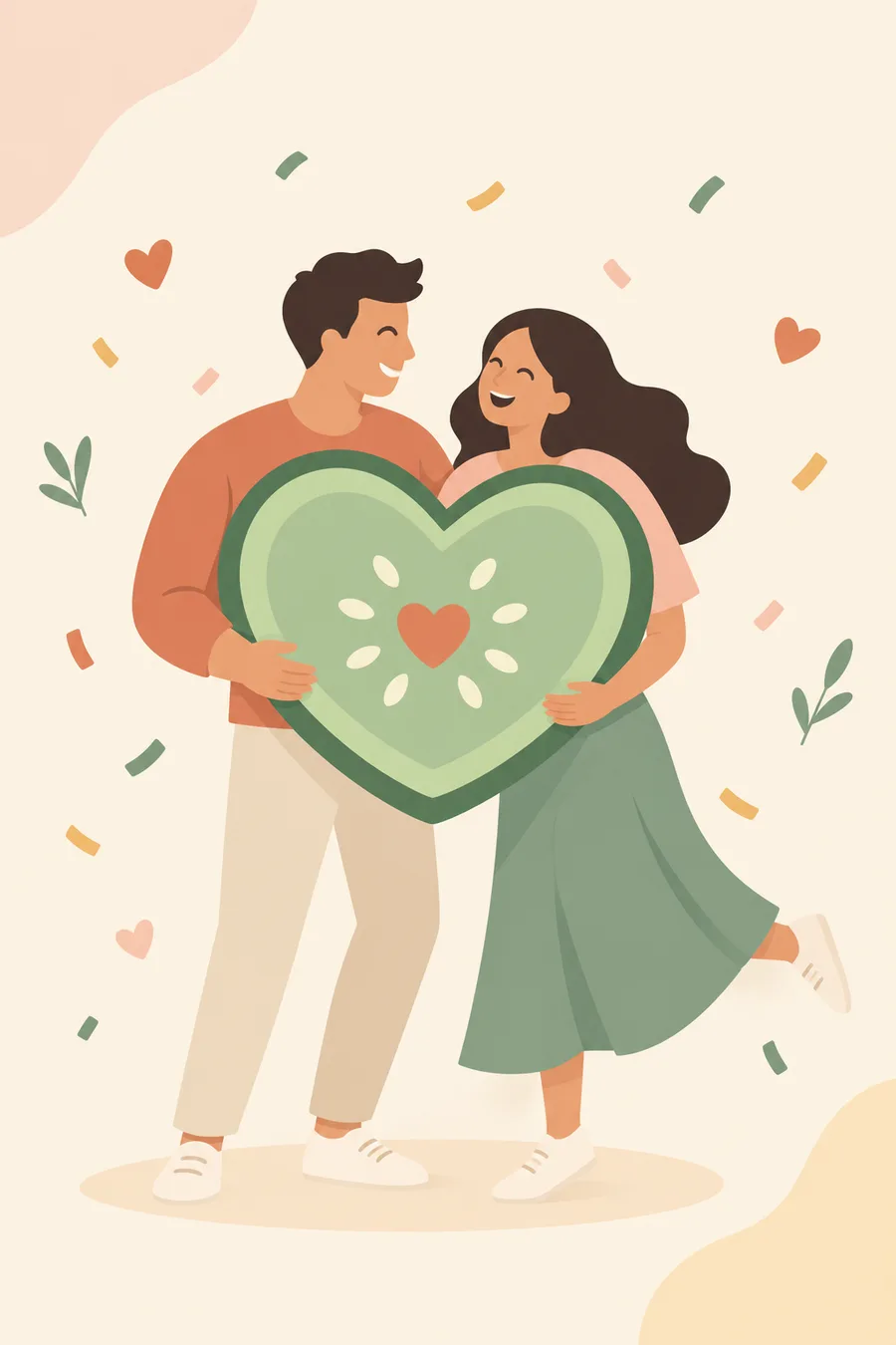 A couple embracing a heart-shaped melon, sharing a moment together